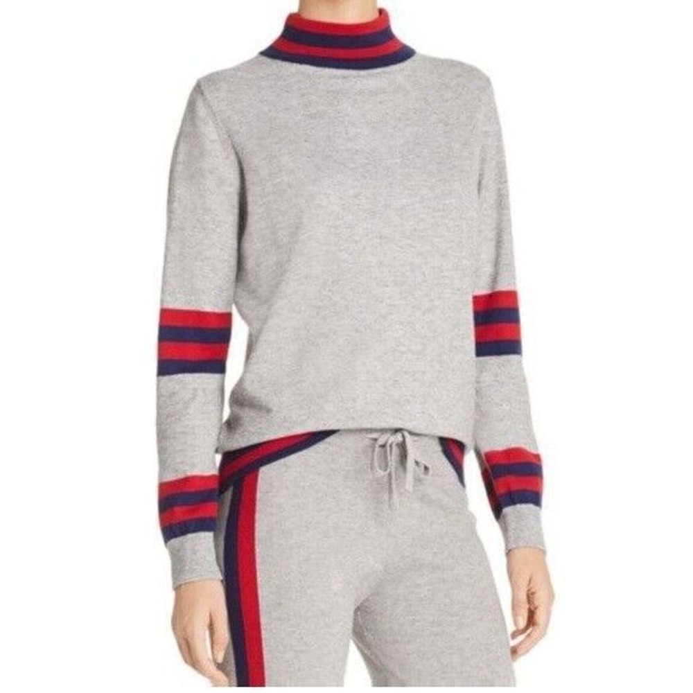 Madeleine Thompson x AQUA Mockneck Pullover Sweater Size XS Gray Red Blue Stripe